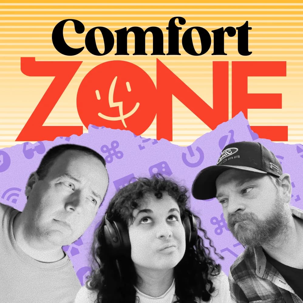 Comfort Zone cover art with the three hosts looking up